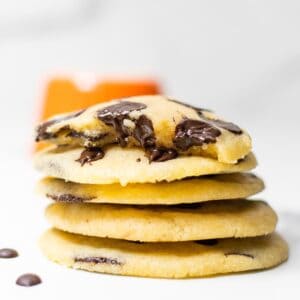 close-up of chocolate chip cookies on white background