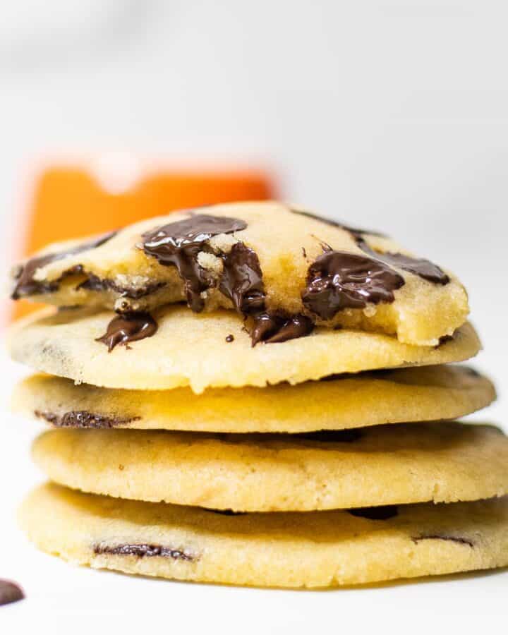 close-up of chocolate chip cookies on white background