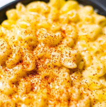 close-up of gouda mac and cheese in a baking dish
