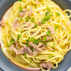 bowl full of pasta with tuna on top