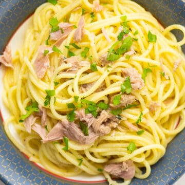 bowl full of pasta with tuna on top