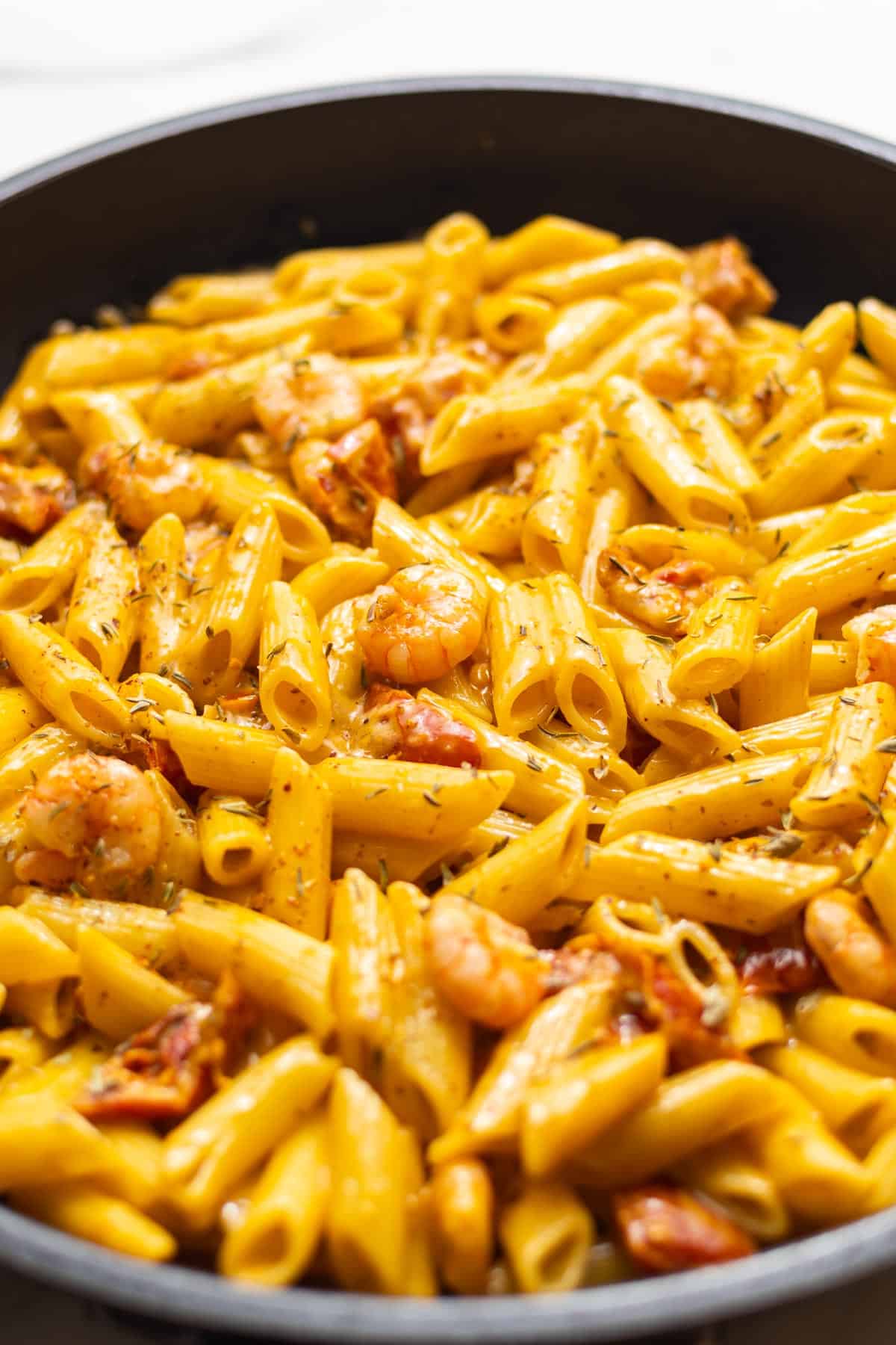 pan full of shrimp mozzarella pasta