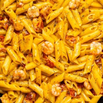 creamy mozzarella shrimp pasta with sun-dried tomatoes