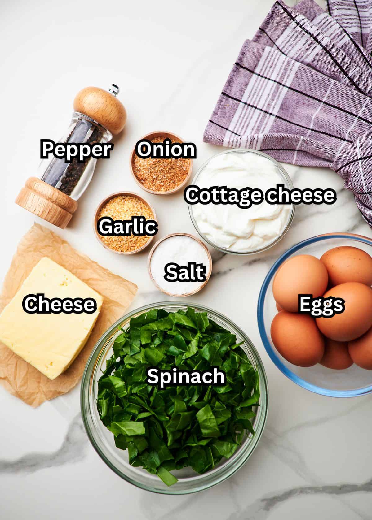 Cottage Cheese Egg Bites ingredients on a white surface