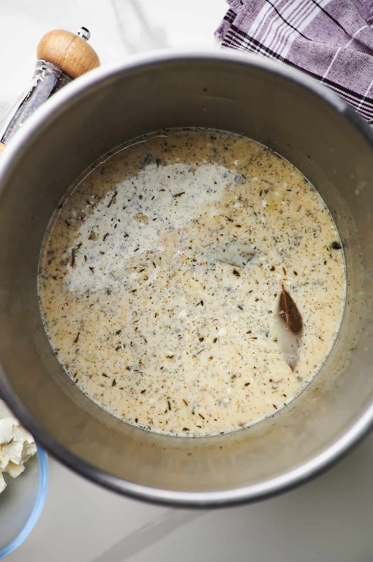 Creamy potato soup with heavy cream and cornstarch added to it.