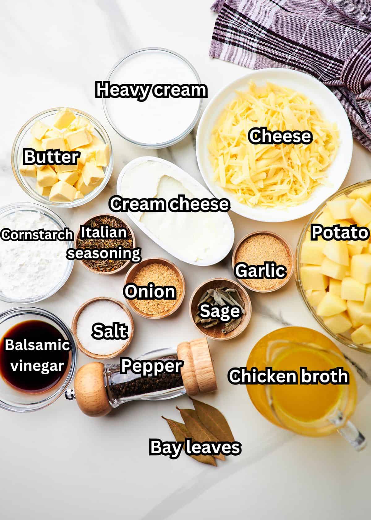 Bowls of ingredients to make homemade creamy crock pot potato soup. 