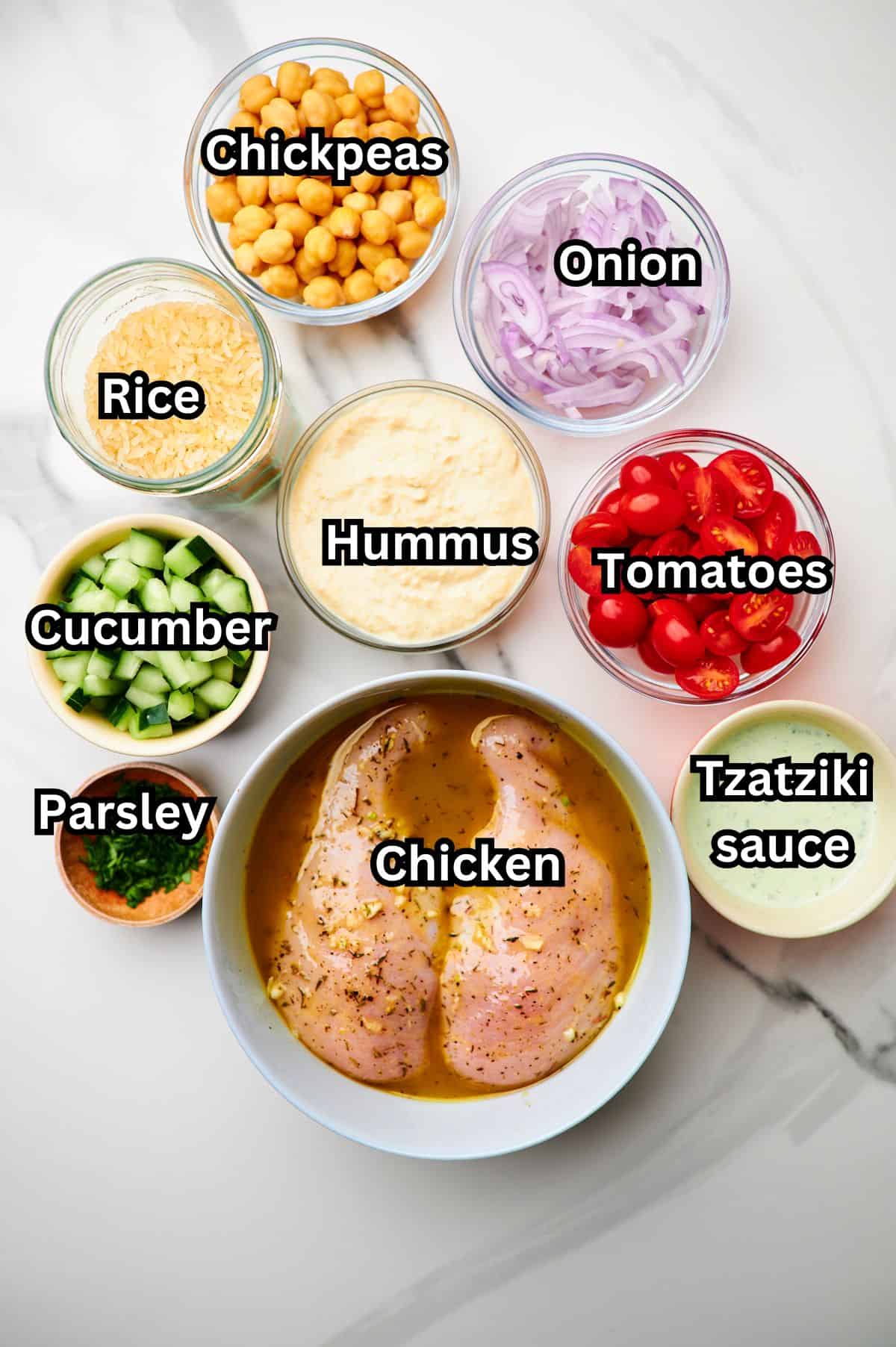 Mediterranean rice bowls ingredients measured out